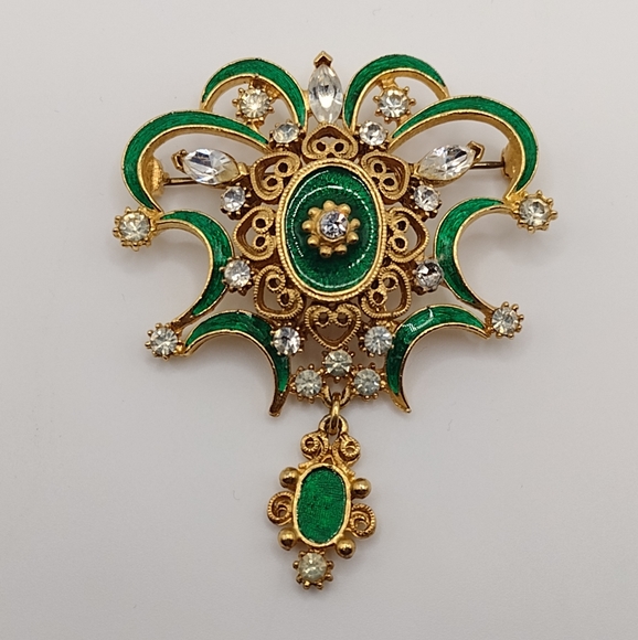 Florenza Jewelry - RARE Vintage FLORENZA 10k Gold Ornate Brooch, Green Enamel, Rhinestones